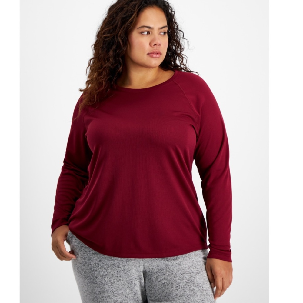 New! Ideology Plus Size Crewneck Performance Long-Sleeve T-Shirt, Maroon, Sz 1X